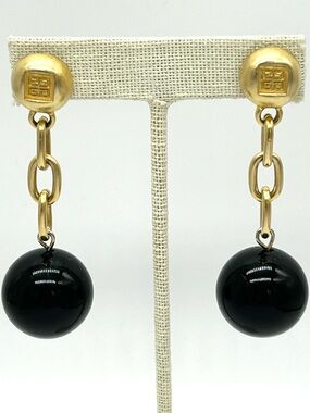 Givenchy Vintage Black Ball Drop Brushed Gold Earrings